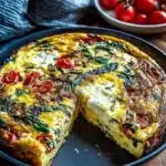 Easy oven baked frittata with vegetables and cheese served on a plate