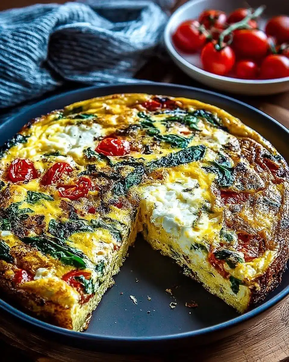 Easy oven baked frittata with vegetables and cheese served on a plate