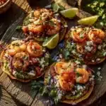 Delicious easy summer shrimp tostadas with guacamole and fresh salsa