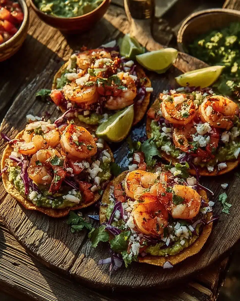 Delicious easy summer shrimp tostadas with guacamole and fresh salsa