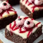 Spooky eyeball brownies decorated for Halloween party treat.