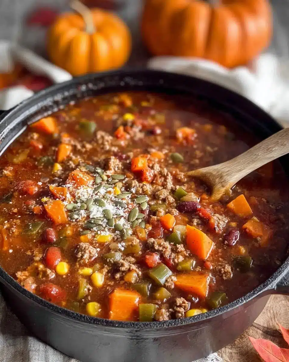 Bowl of Fall Harvest Chili with squash and sweet potato garnished with herbs.