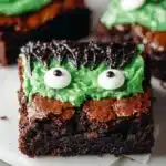 Deliciously spooky Frankenstein Brownies decorated for Halloween