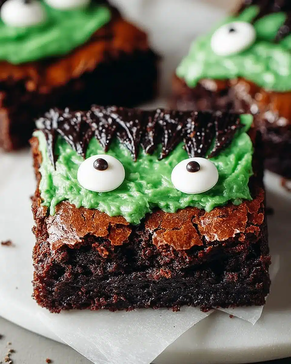Deliciously spooky Frankenstein Brownies decorated for Halloween