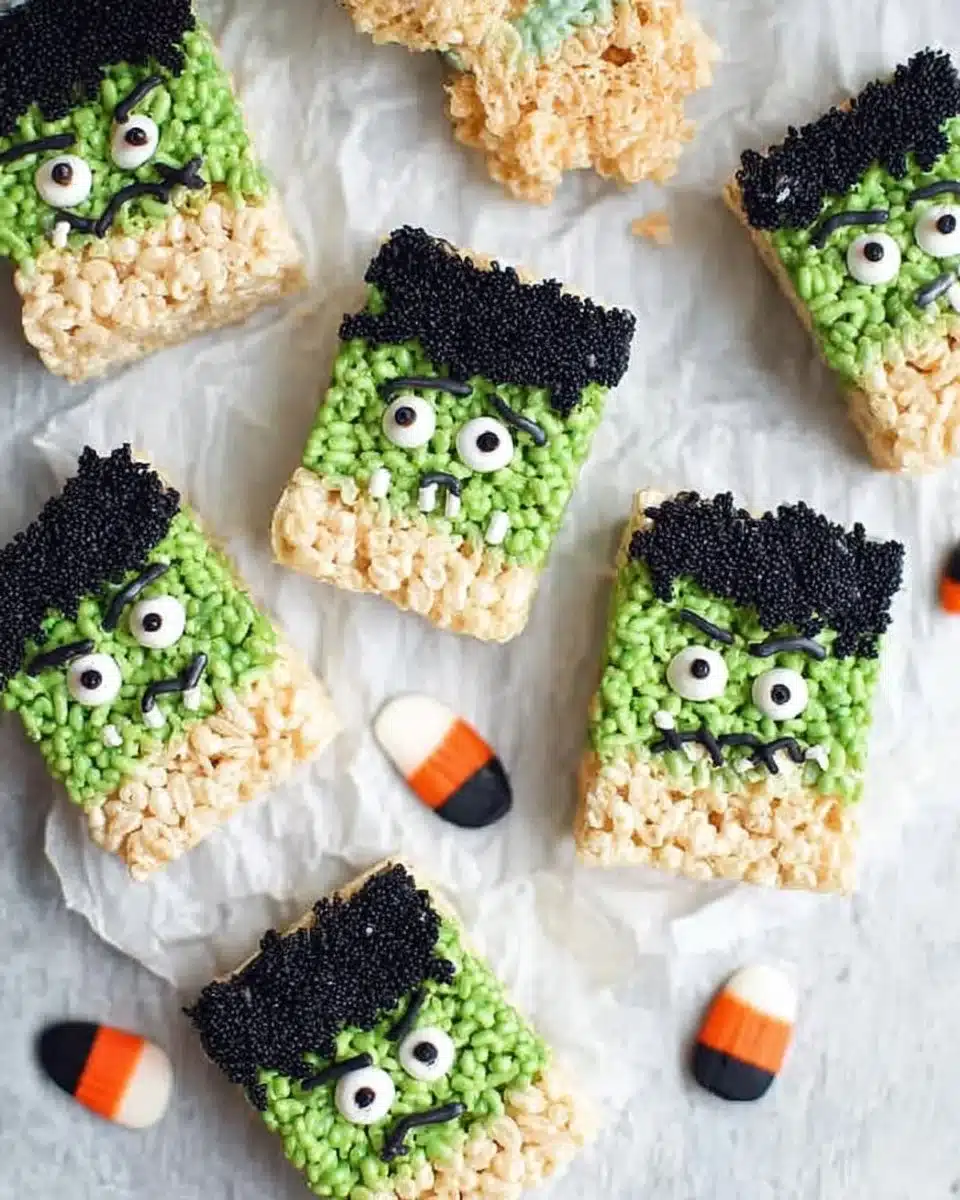 Frankenstein Halloween Rice Krispie treats decorated with green icing and candy eyes