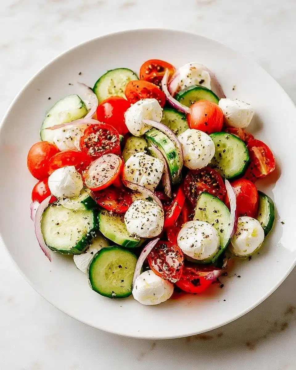 Fresh Cucumber Caprese Salad with cucumbers, mozzarella, tomatoes, and basil