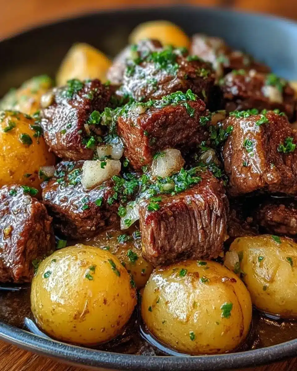 Garlic butter beef bites served with tender potatoes on a white plate.
