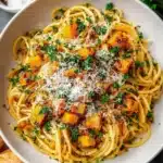 Creamy garlic butter pumpkin spaghetti served in a bowl with herbs.