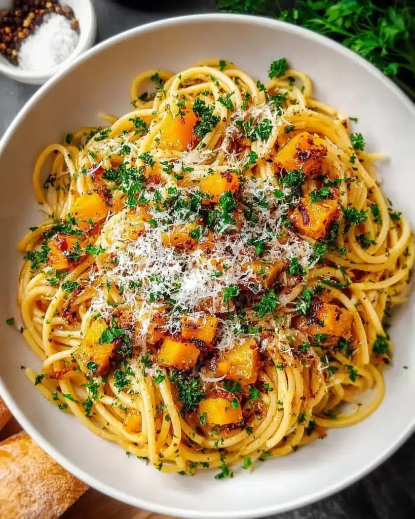 Creamy garlic butter pumpkin spaghetti served in a bowl with herbs.