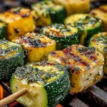 Delicious garlic butter zucchini skewers served on a grill