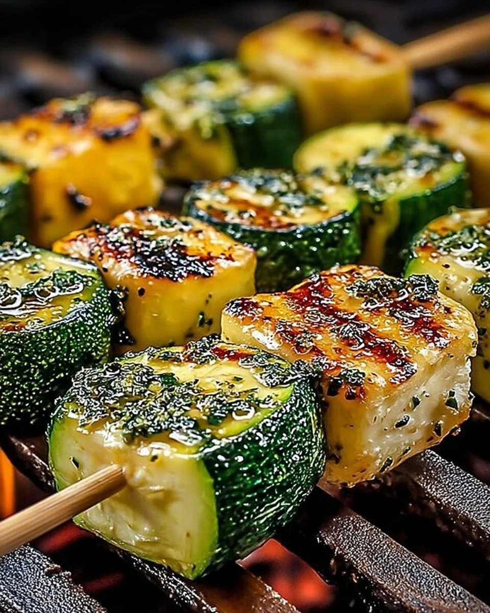 Delicious garlic butter zucchini skewers served on a grill