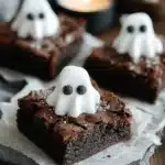 Spooky ghost brownies topped with ghostly decorations for Halloween treats