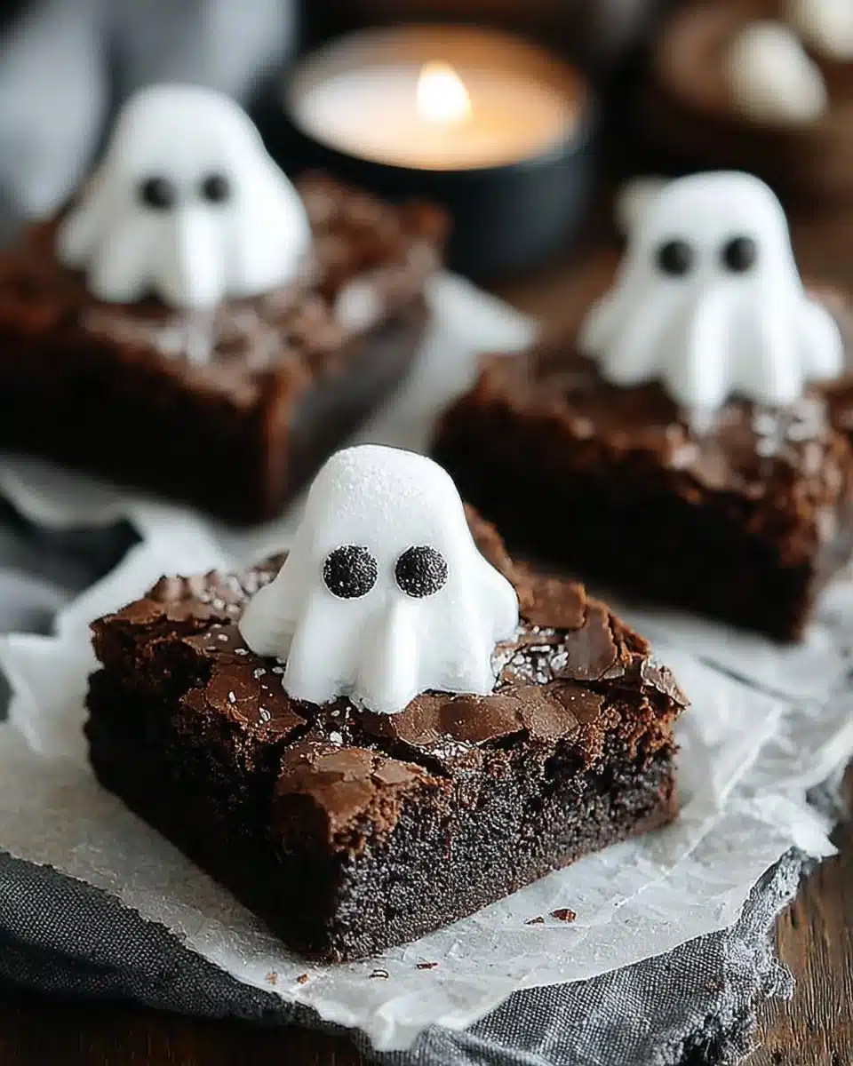 Spooky ghost brownies topped with ghostly decorations for Halloween treats
