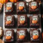 Delicious Graveyard Brownies decorated for Halloween with edible decorations.