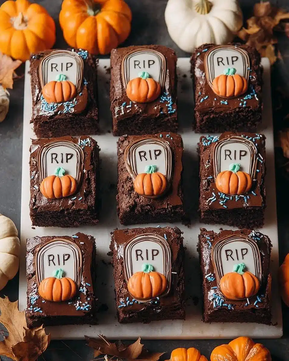 Delicious Graveyard Brownies decorated for Halloween with edible decorations.