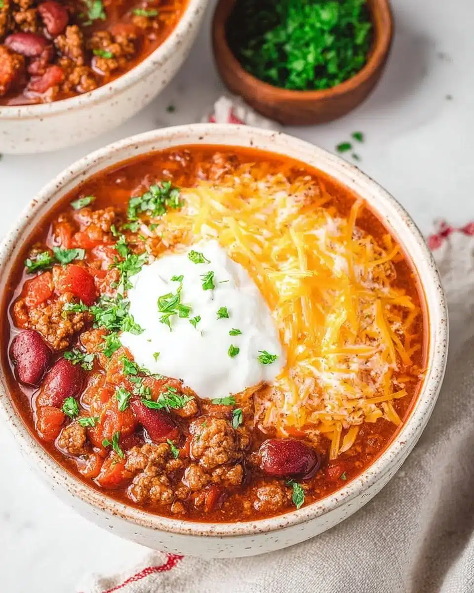 Bowl of hearty ground turkey chili topped with fresh cilantro and cheese