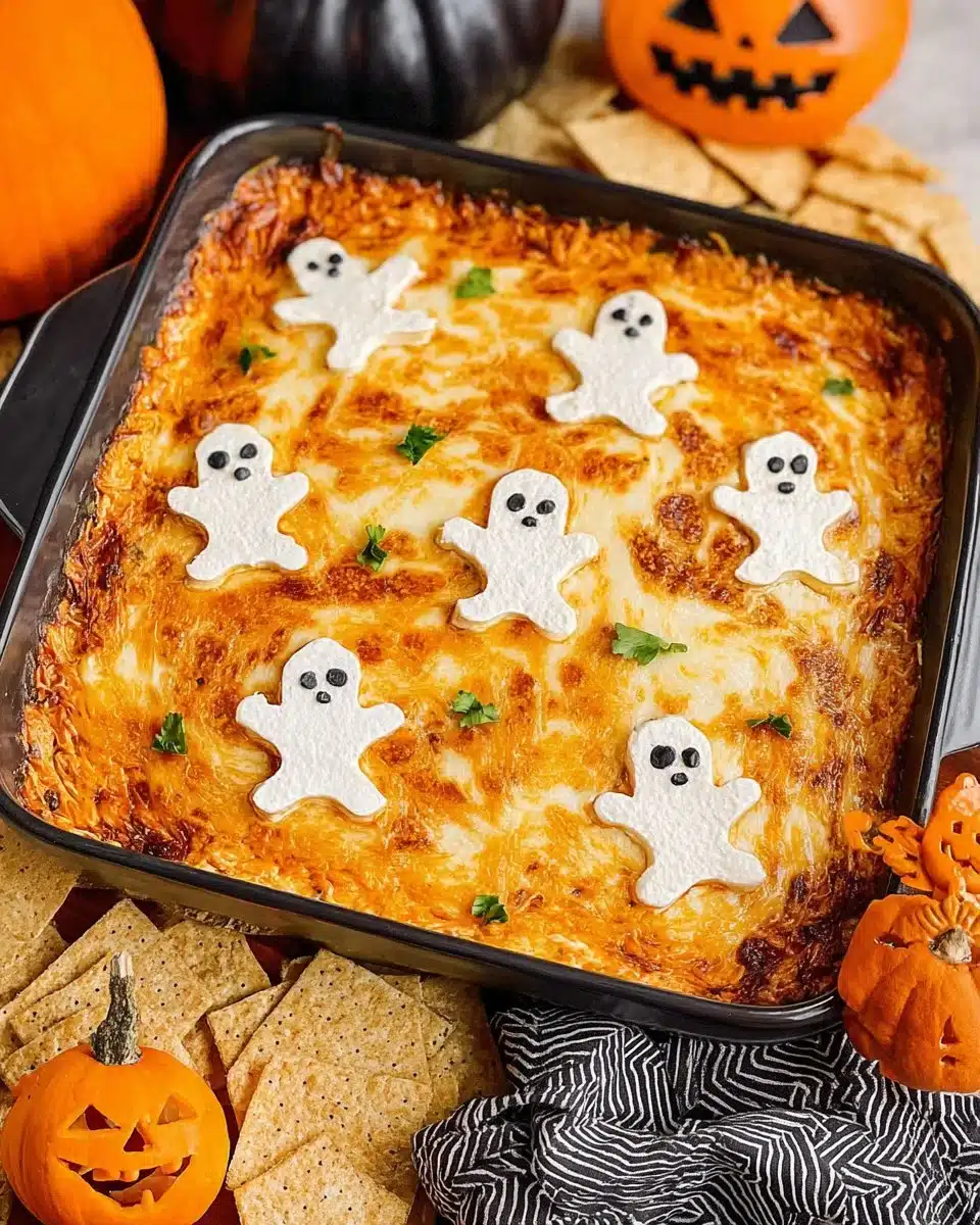 Delicious Halloween Buffalo Chicken Dip (Booffalo Dip) served in a spooky platter.