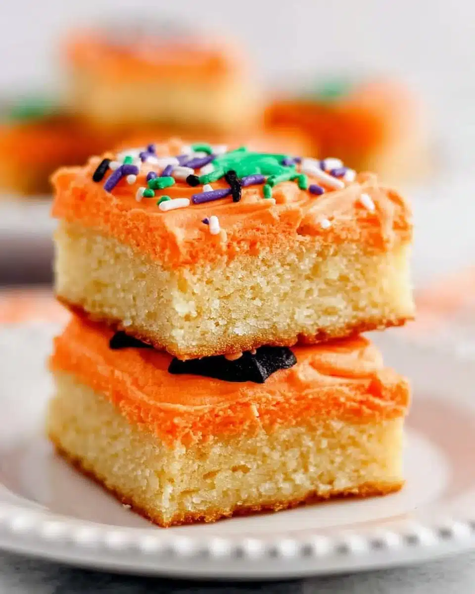 Halloween frosted sugar cookie bars decorated with festive sprinkles
