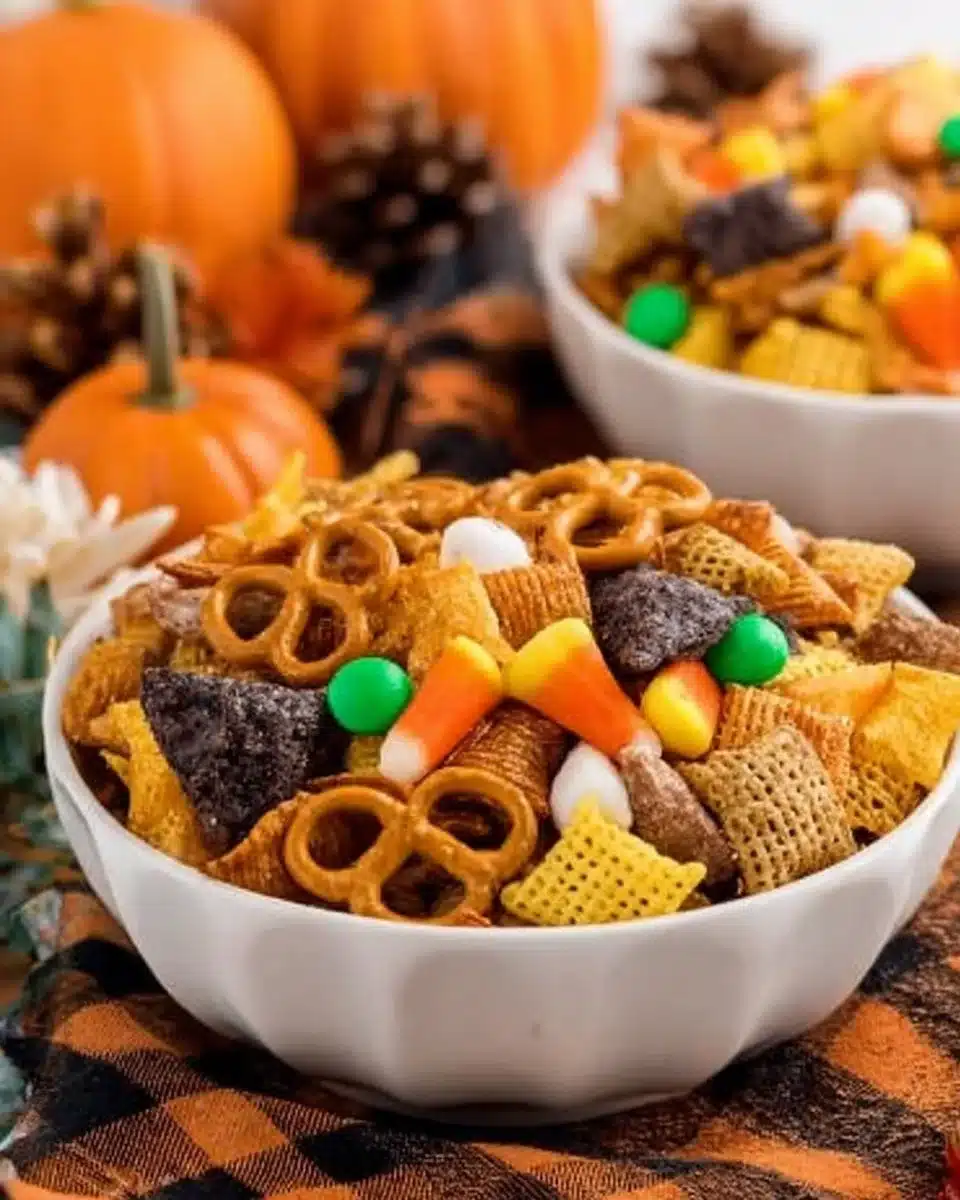 Colorful Halloween Snack Mix with candy and treats in a festive bowl