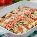 Healthy low-calorie chicken enchiladas served on a plate with toppings