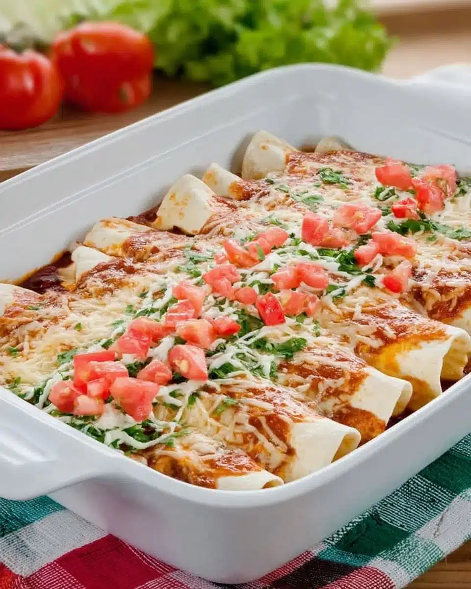 Healthy low-calorie chicken enchiladas served on a plate with toppings