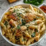 Bowl of healthy garlic parmesan chicken pasta garnished with parsley