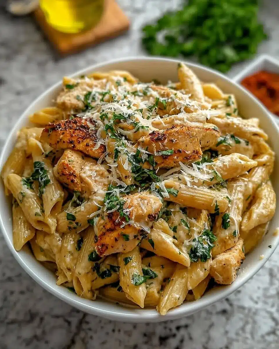 Bowl of healthy garlic parmesan chicken pasta garnished with parsley