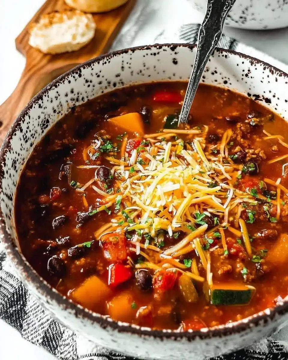 Bowl of healthy pumpkin chili topped with herbs and spices