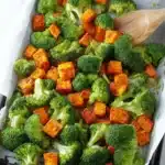 Healthy roasted broccoli and sweet potatoes dish ready to serve.