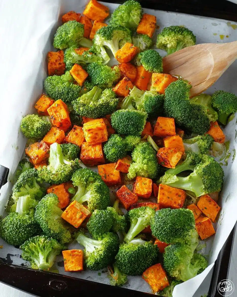 Healthy roasted broccoli and sweet potatoes dish ready to serve.