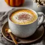 A glass of homemade pumpkin spice creamer with cinnamon and pumpkin.