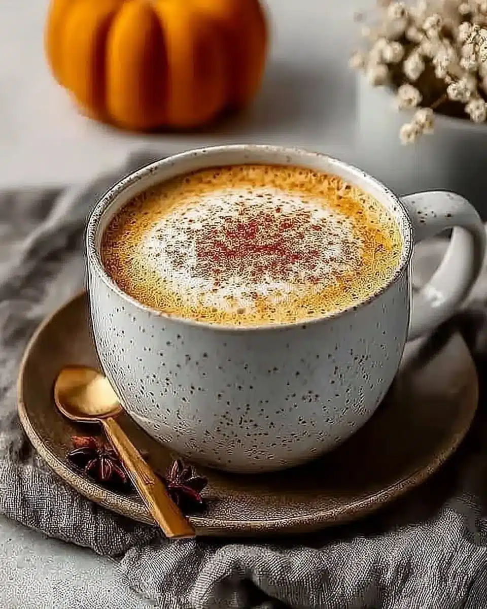 A glass of homemade pumpkin spice creamer with cinnamon and pumpkin.