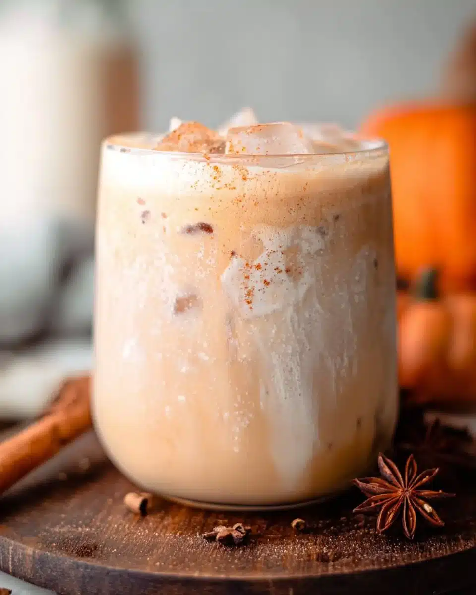 Iced Pumpkin Cream Chai Tea Latte served in a glass with whipped cream on top.
