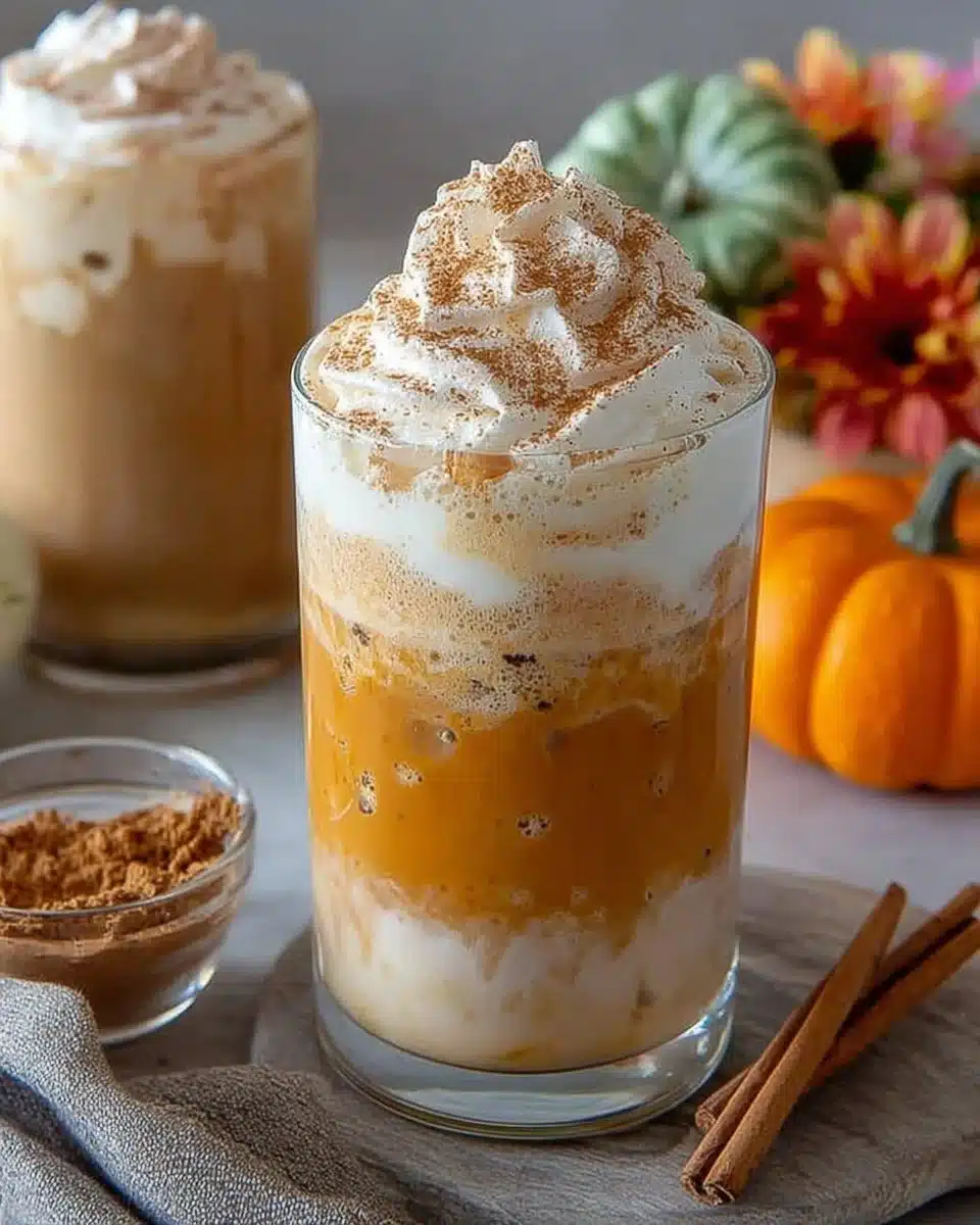Iced pumpkin cream cold foam latte topped with whipped cream and spices.