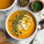 Bowl of creamy Instant Pot butternut squash soup garnished with herbs