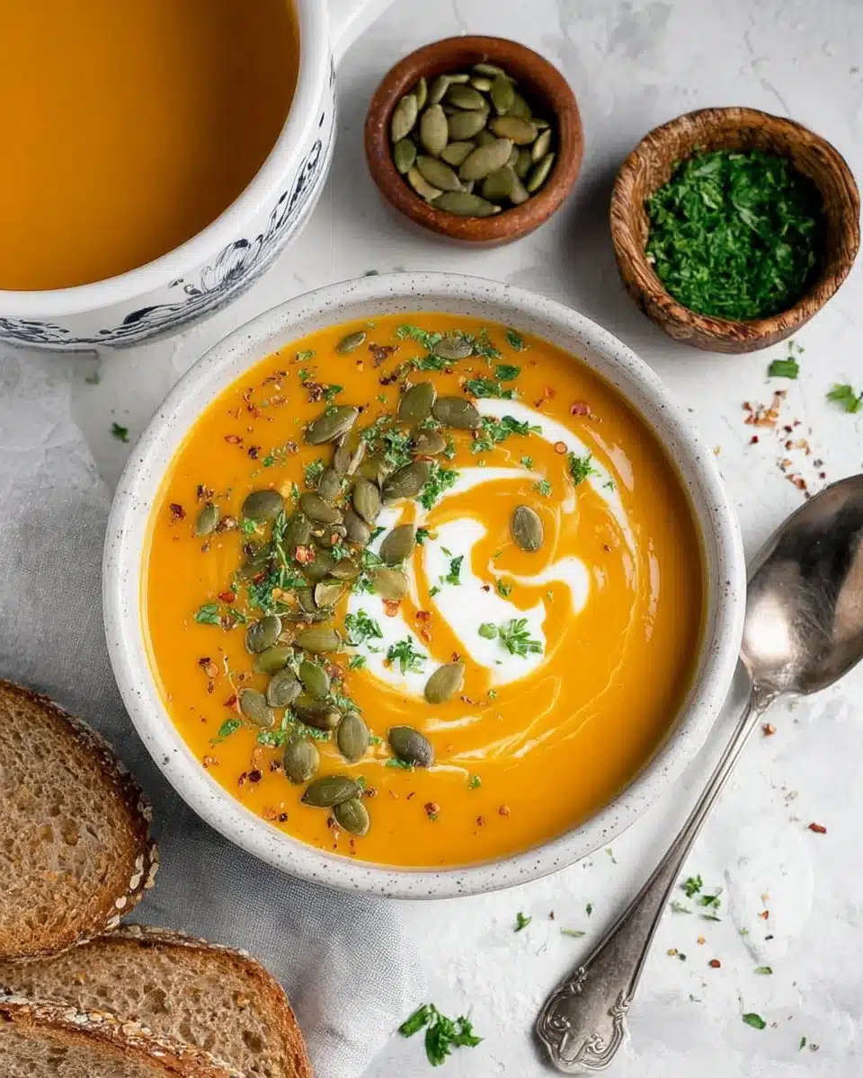 Bowl of creamy Instant Pot butternut squash soup garnished with herbs