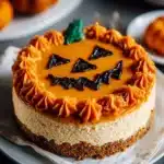Jack-O’-Lantern cheesecake decorated for Halloween