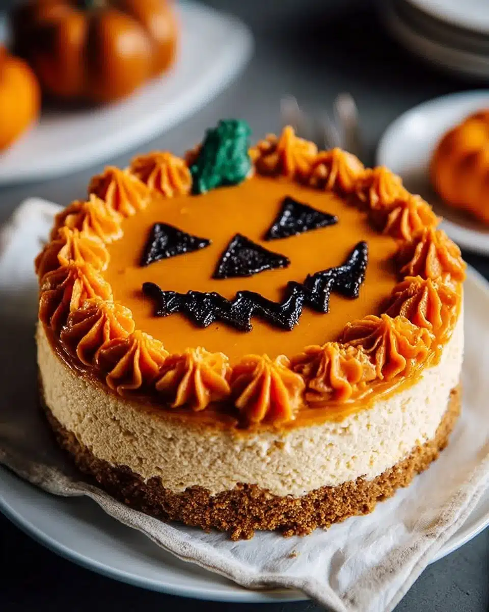 Jack-O’-Lantern cheesecake decorated for Halloween