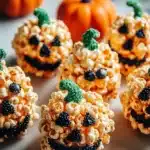 Festive Jack-O'-Lantern popcorn balls decorated for Halloween