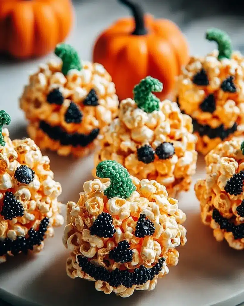 Festive Jack-O'-Lantern popcorn balls decorated for Halloween