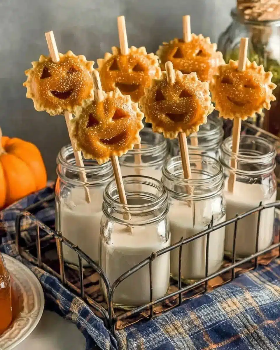 Jack o'Lantern Mini Pumpkin Pie Pops on a rustic wooden table