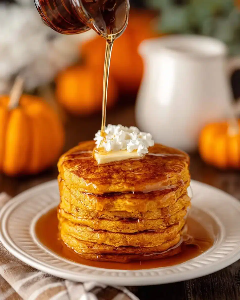 Stack of light and fluffy pumpkin spice pancakes topped with syrup and spices.