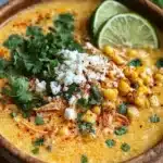 Bowl of creamy Mexican street corn soup garnished with cilantro and lime