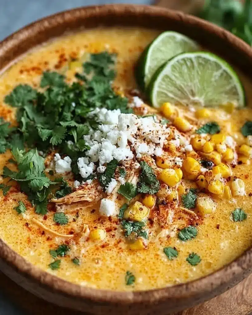 Bowl of creamy Mexican street corn soup garnished with cilantro and lime