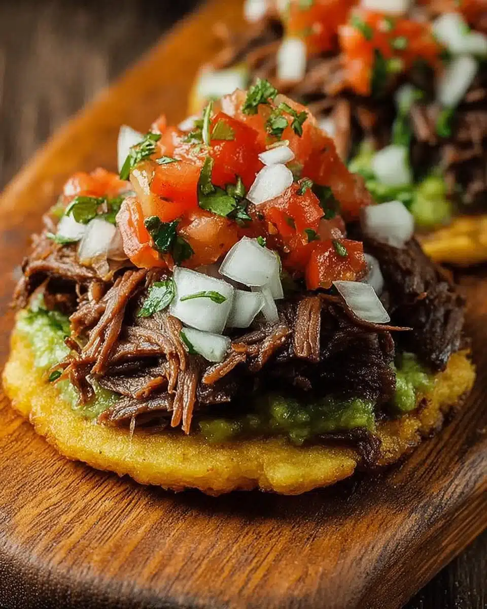 Delicious Mexican tostadas topped with grilled beef and fresh toppings.