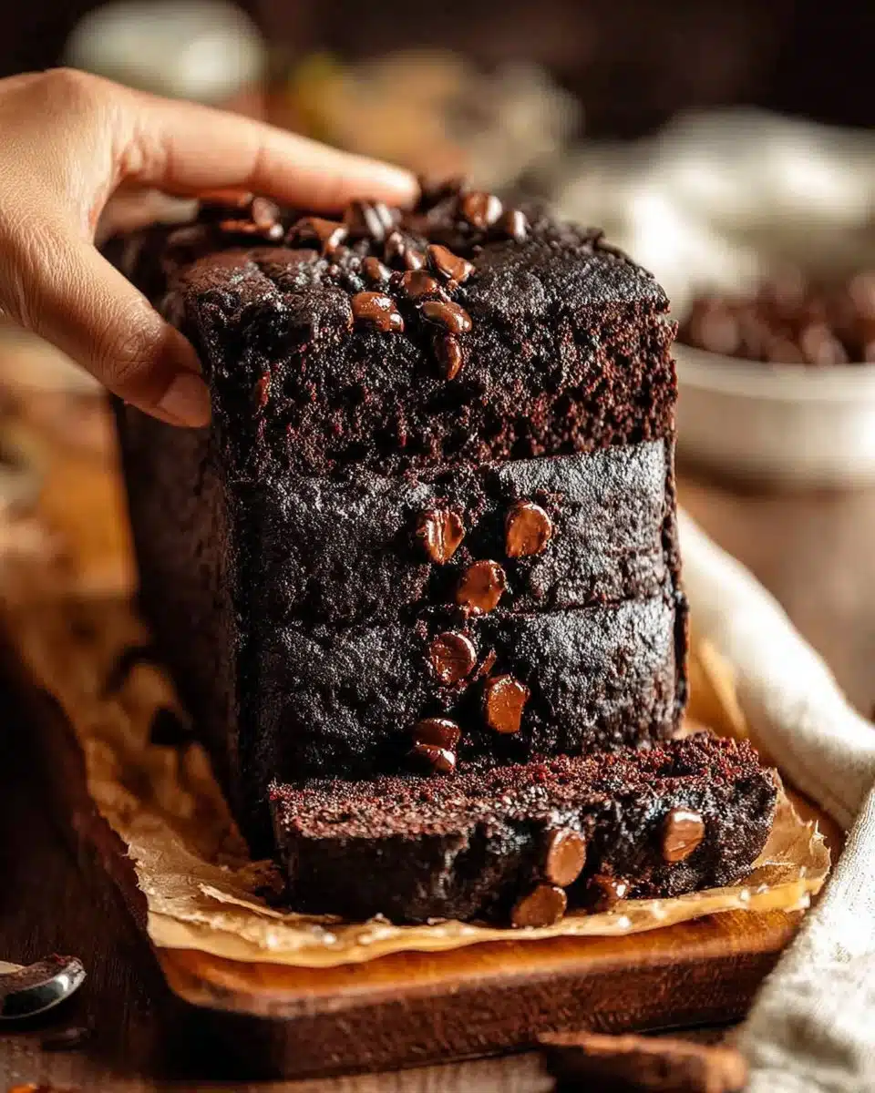 Moist chocolate pumpkin bread slice on a plate with chocolate drizzle and pumpkin seeds
