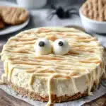 Delicious Halloween-themed Mummy Cheesecake decorated with chocolate and frosting.