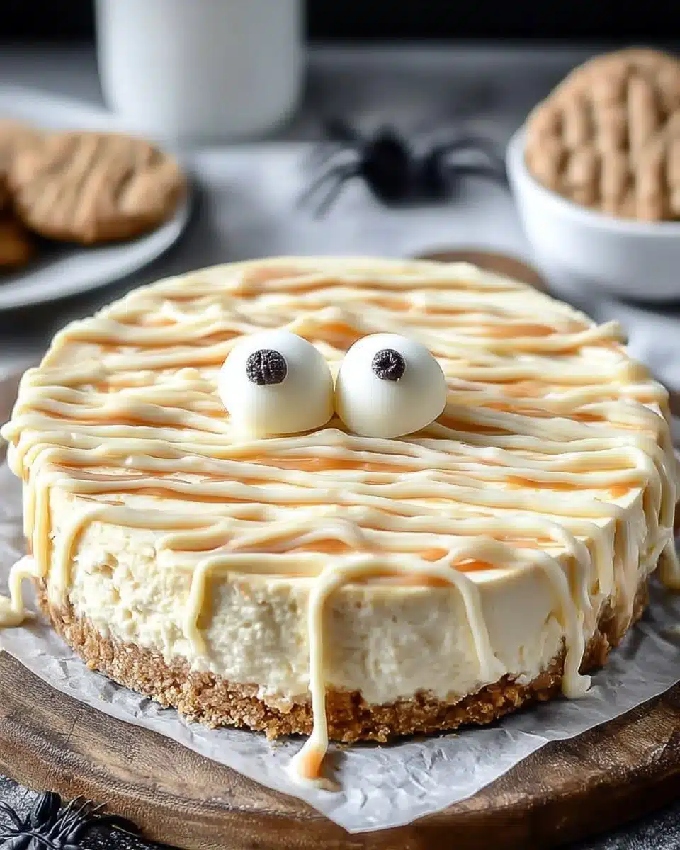 Delicious Halloween-themed Mummy Cheesecake decorated with chocolate and frosting.
