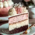 A beautifully layered Neapolitan Cake showcasing chocolate, strawberry, and vanilla layers.