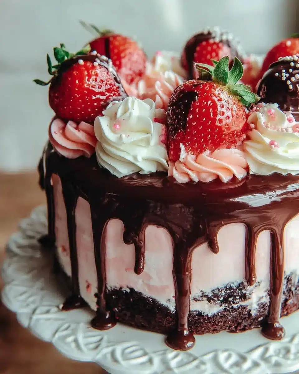 Delicious Neapolitan Drip Cake showcasing chocolate, strawberry, and vanilla layers.